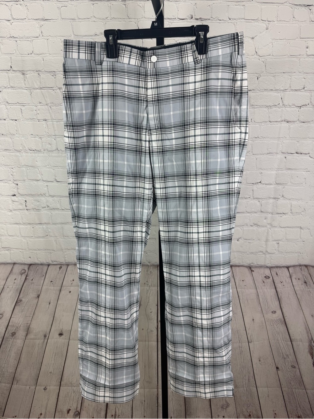 Nike Golf Pants Tour Performance Dri-Fit Plaid Black Gray White Size 34X30